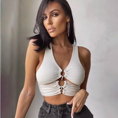 Womens Pull Ring Hollow Tight Vest Sexy Sling V-Neck Crop Tops Bralette White Backless Camisole Streetwear For Cool Girl