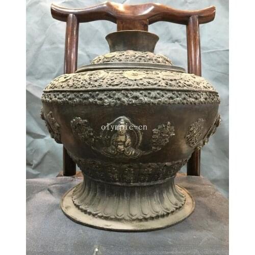 11''bronze cupronickel carved Eight Auspicious Symbols Buddhism buddha jar vase