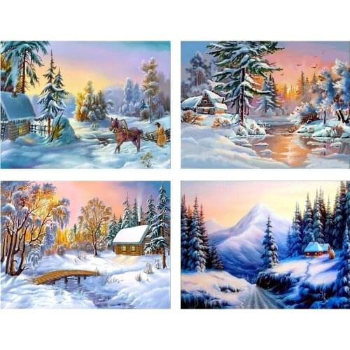 5D Winter Forest Cabin Diamond Embroidery Diy Diamond Painting Snowdrift Carriage Full Square Round Rhinestone Mosaic Art Decor