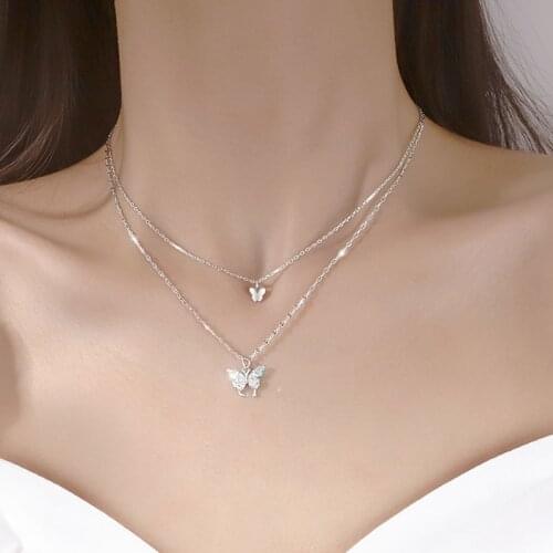 Charm Silver Color Shiny CZ Multilayer Butterfly Necklace for Women Dainty Double Layer Clavicle Choker Chain Necklace Jewelry