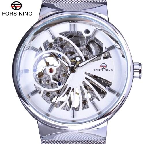 Forsining Silver Stainless Steel Strap Fashion Accessories Ultra Thin Mens Watches Top Brand Luxury Mechanical Skeleton Watches