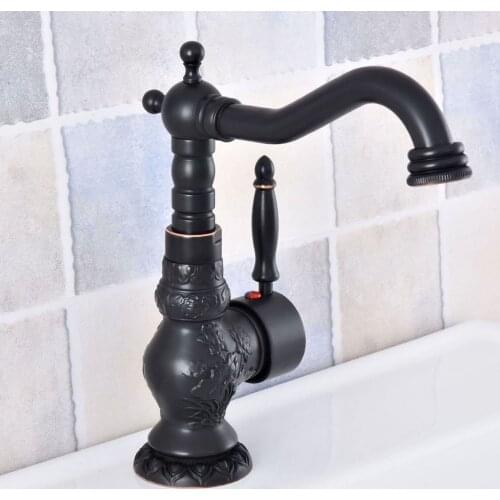 Black Oil Rubbed Brass Carved Single Handle One Hole Bathroom Kitchen Basin Sink Faucet Mixer Tap Swivel Spout msf625