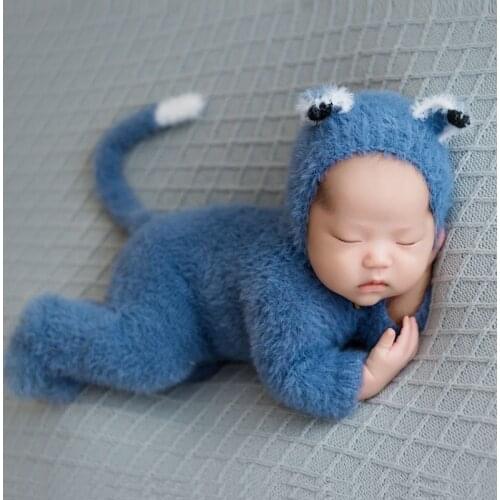 Lovely Fuzzy Grey Wolf Romper Newborn Fluffy Hat Gray Baby Outfit Knitted Newborn Jumpsuit Footed overalls Baby Boy Photo Props