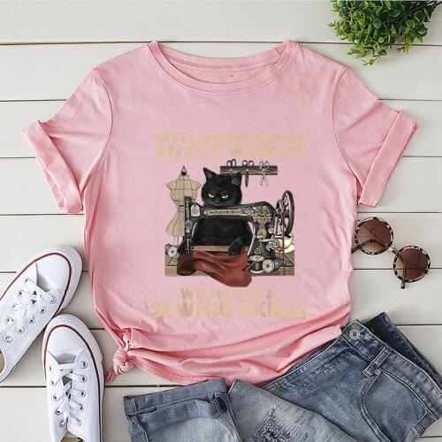 Summer T Shirt Women Fashion Casual T-shirt Female Short Sleeve Tops for Girls Vintage Angry Cat Print Femme Tee Shirt Femme