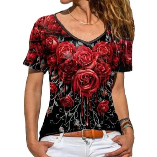 Summer Short Sleeve Women T-shirt Fashion Rose Printing Casual Plus Size V Neck Slims Fit Ladies Tshirt Streetwear Top