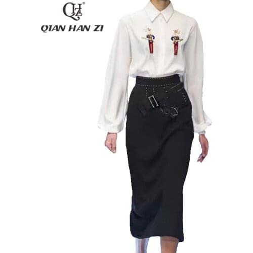 Qian Han Zi Fashion Summer two Piece Set Women Long Sleeve Applique White Shirt And party black Bow slim bodycon midi skirt Suit