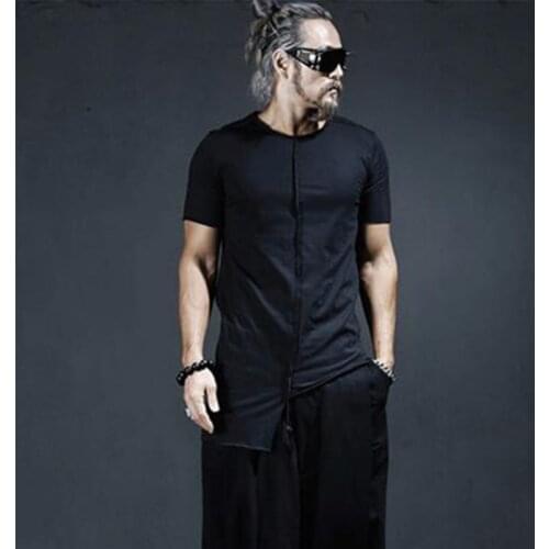 Men summer punk rock hip hop t shirt asymmetric design slim fit tee shirts nightclub DJ singer stage costume gothic streetwear