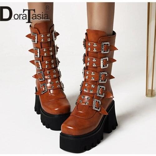 Brand New Ladies Chunky High Heels Boots Fashion Rivet Metal Punk Platform Mid-Calf Boots Women Goth Autumn Buckle Shoes Woman
