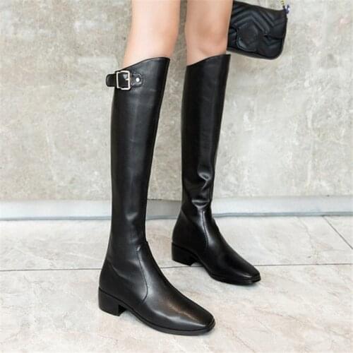 PXELENA Drop Ship Women Low Heels Knight Riding Knee High Boots Buckle Back Zip Square Toe Punk Goth Biker Military Combat Shoes