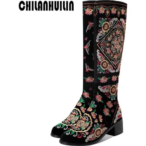 Luxury embroidered full suede leather knee high boots woman thick heels autumn winter fashion snow boots lady dress shoes woman