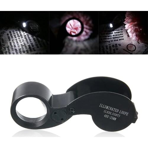 40X 25mm Handheld Magnifier LED Light Jewelers Diamond Loop Black Aluminum Alloy Frame Coin Jewelry Eye Loupe Magnifier Tool