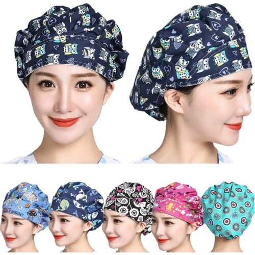 Women Scrubs Caps Funny Printed Cotton Sweatband Bouffant Hats Adjustable Reuseable Washable Hats Work Wear Caps Accessories