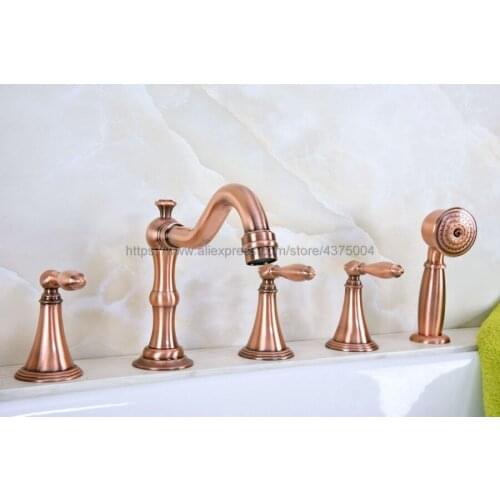 Widespread Antique Red Copper Bathtub Mixer Filler Roman Bath tub Sink Faucet Deck Mounted 5 holes Ntf219