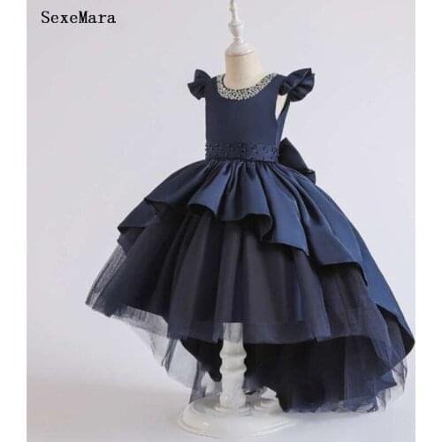Navy Blue Baby Girls Dresses Satin Tulle Crystals High Low Princess Birthday Clothes Flower Girl Dress
