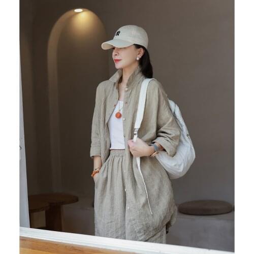 2021 autumn new pure linen striped embroidered medium long loose womens shirt 0901-10