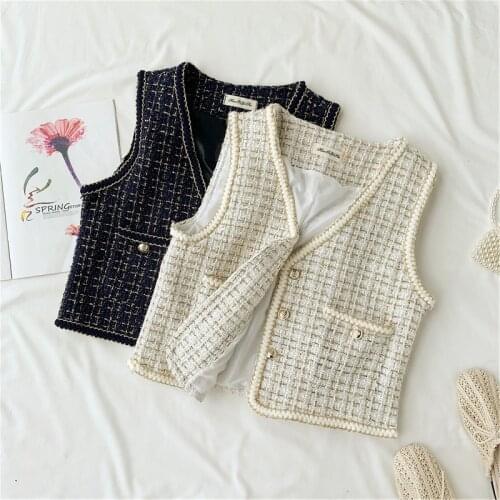 Women Tweed Jacket Small Fragrance Vest Single Breasted V Neck Sleeveless Plaid Jacket Elegant Waistcoat Outerwear