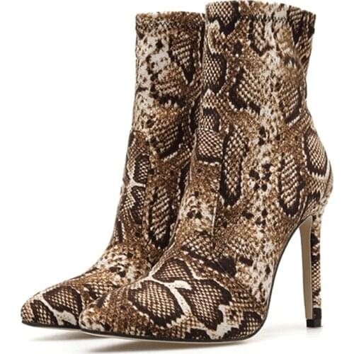 2021 New Leopard grain Serpentine Boots Women High Heel Boot Pointed Toe Sexy Zip Shoes Female Ankle Boots Size 41 42