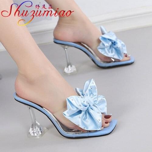 All Transparent Lady Shoes Square Head Crystal High Heel Slipper Glistening Diamond Decorate Silk Large Bow High Quality Sandals