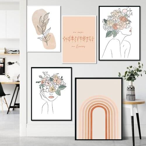 Flower Woman One Line Art Drawing Picture Nordic Canvas Painting Wall Art Figure Boho Rainbow Minimalist Posters and Print Room