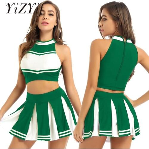 Women Adults Green Cheerleader Cosplay Costume Women Halloween Outfit Stand Collar Sleeveless Crop Top with Mini Pleated Skirt