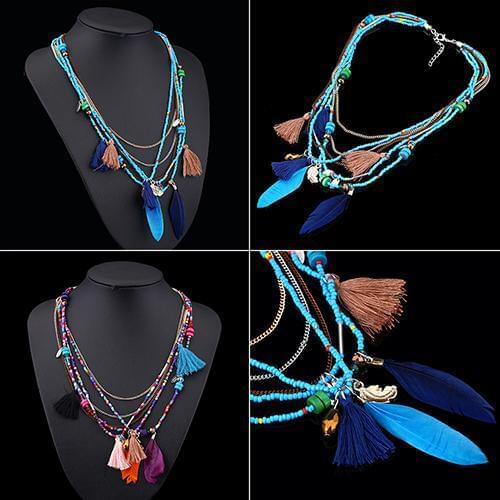 Womens Boho Ethnic Style Feathers Tassels Beads Multi-layer Chain Necklace Stylish sweet gift for girlfriend