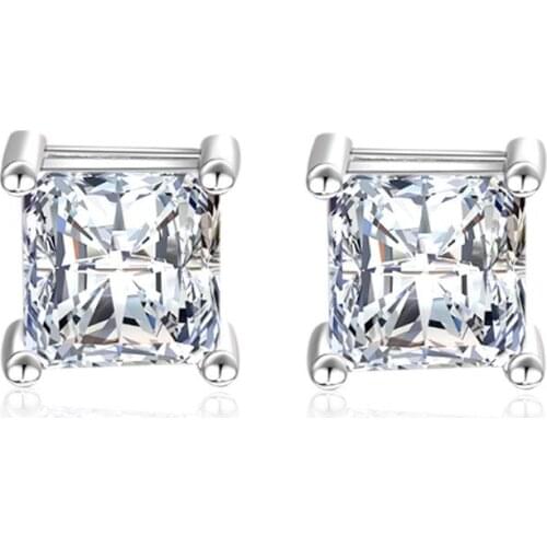 100% 925 sterling silver fashion square design shiny crystal ladies`stud earrings women jewelry female birthday gift wholesale