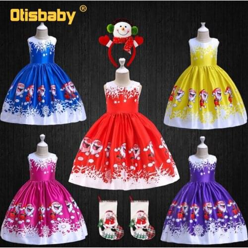 2021 Elegant Christmas Dress for Girls Kids Santa Claus Print Princess Costume Children Infants Ball Gowns + Headwear Candy Bag