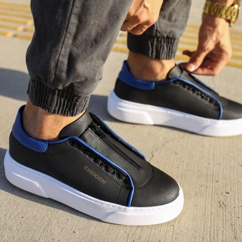 Chekich Mens Shoes Black and Navy Blue Faux Leather Lace Up & Zipper Closure Type Mixed Color Sneakers For Autumn Spring Seasons Casual Sport Breathable Wedding Office Lightweight High Quality Comfortable CH092 V10