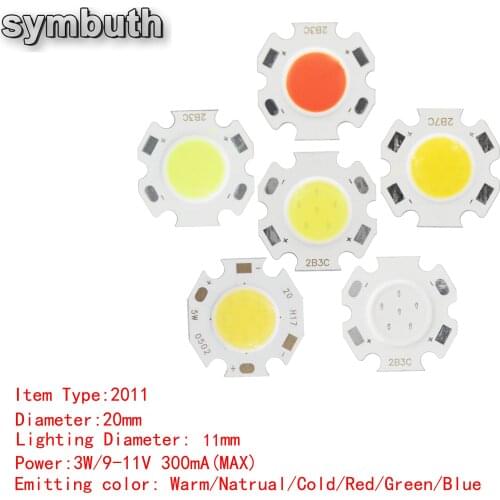 10pcs 20mm Diameter 2011 3W 9v DC Round LED COB Light Source for Spotlight Down Lighting Red Blue Green Warm White