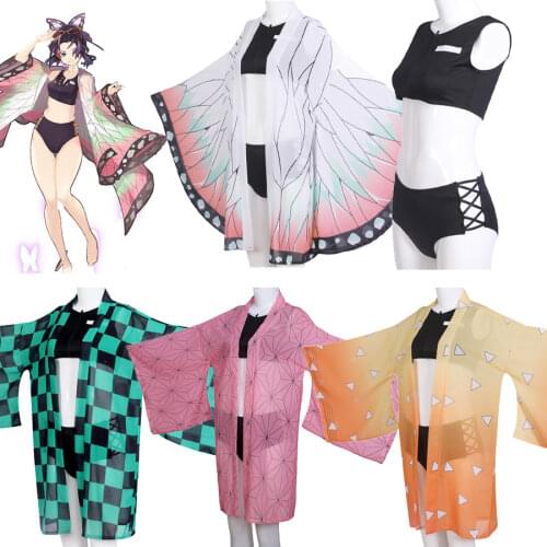 Demon Slayer Cosplay Kimetsu No Yaiba Swimsuit Kamado Tanjirou Nezuko Three Piece Bikini Swimsuit with Sheer Kimono Cardigan