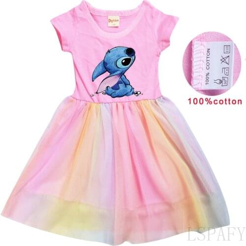 Disney Summer Stitch Girl Cotton Dress Lace Princess Dress Children Toddler Girl Home Party Casual Halloween Clothes Dresses