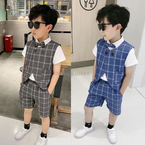 Boys Summer Formal Vest + Shorts 2Pcs Clothing Set Kids Luxurious Suit Party Dress Children Piano Performance Costume
