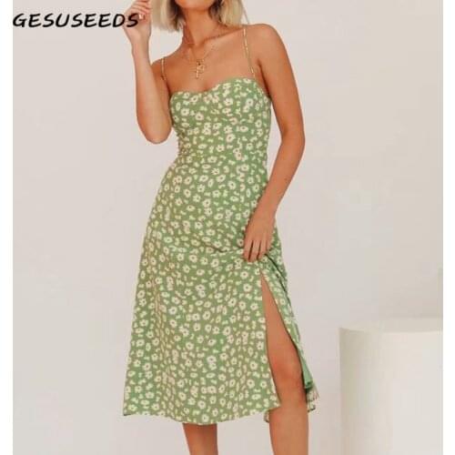 2020 summer dresses ladies Midi dress sleeveless sexy green floral dress casual korean dresses elegant casual split dress v neck