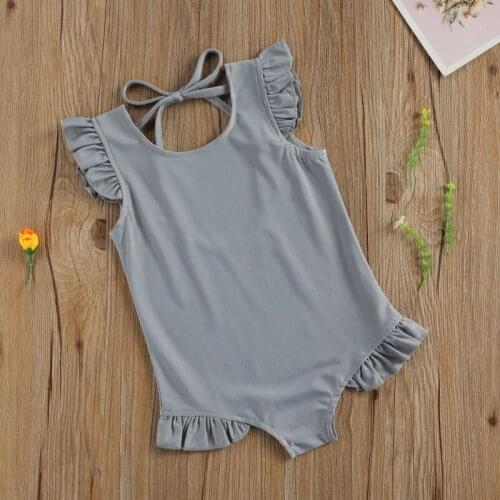Toddlers Summer Swimwear, Solid Color O-Neck Ruffle Sleeve Lacing Backless Swimsuit for Little Girls Beach Wear