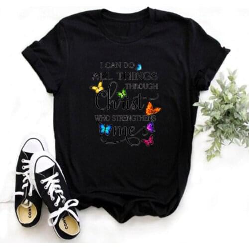Mayos Butterfly Print T-shirt Faith Hope Hope Hope Hope Love Believe Dream Lady Print T-shirt Lady Sleeve Shirt