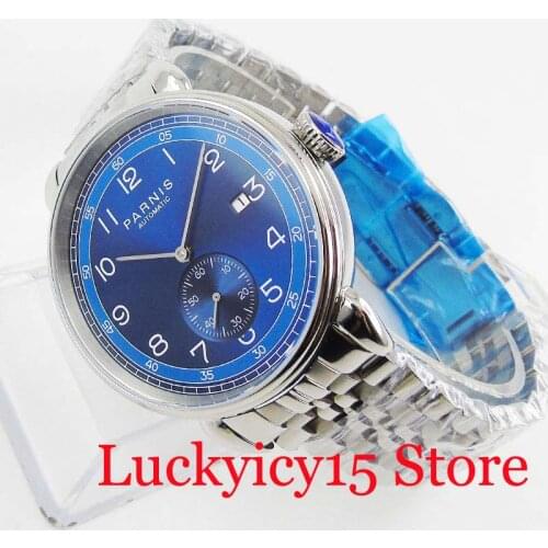 PARNIS Classic Blue Dial 42mm Mechanical Wristwatch Date Window Stainless Steel Bracelet Polished Round Watch Case