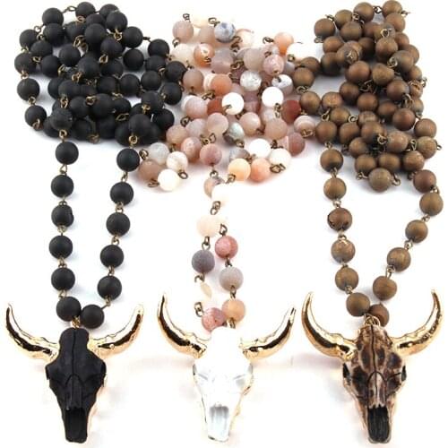 Fashion Bohemian Jewelry Natural Druzy Bead Rosary Chain Link 3 Color Horn Pendant Necklace For Women Ethnic Necklace