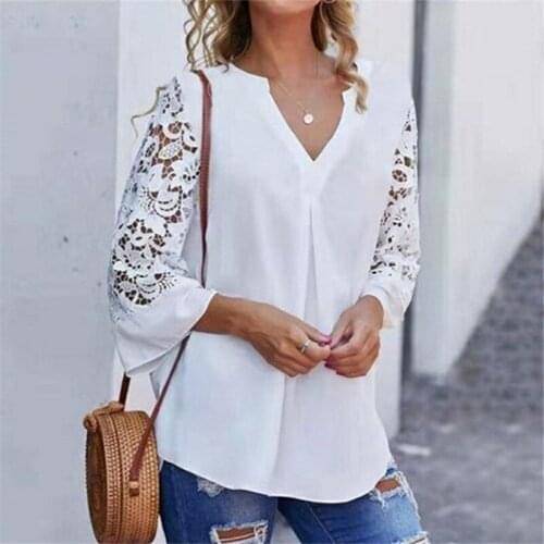 Fashion Office Blouse White Black Chiffon V Neck Loose Ladies Tops Plus Size Casual Lace Women Summer Shirts