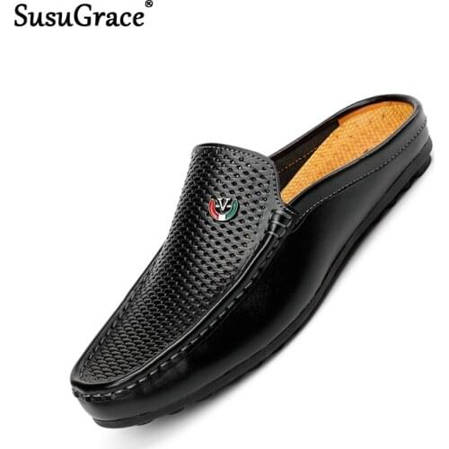 Susugrace 2021 Quality Mens Leather Loafers Black White Casual Flats Mules Summer Breathable Light Men Driving Shoes Big Size