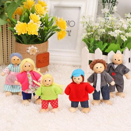 6 People Happy Family Dolls Set Wooden Jointed Dolls Cute Family Dressed Characters Kids Pretend Toys Playing Dolls