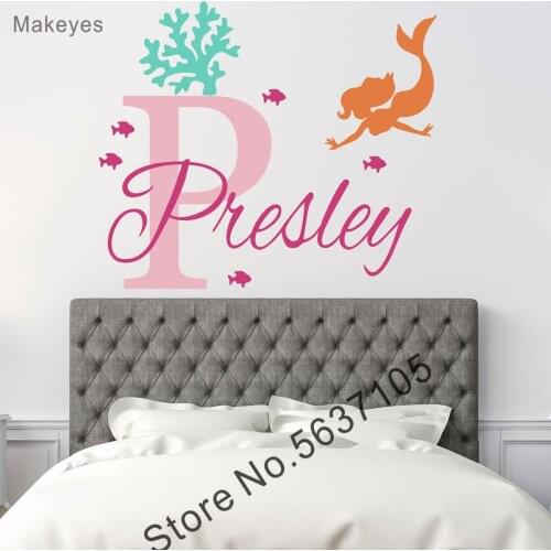 Makeyes Personalized Name Wall Stickers Mermaid Sea Wall Decals Girls Name Custom Wall Decal Design Kids Nursery Bedroom Q604