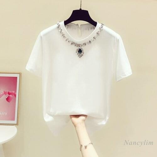 2021 Summer New Heavy Industry Sparkling Rhinestones Necklace Decorative Round Neck Short Sleeve T-shirt Woman Casual Tops