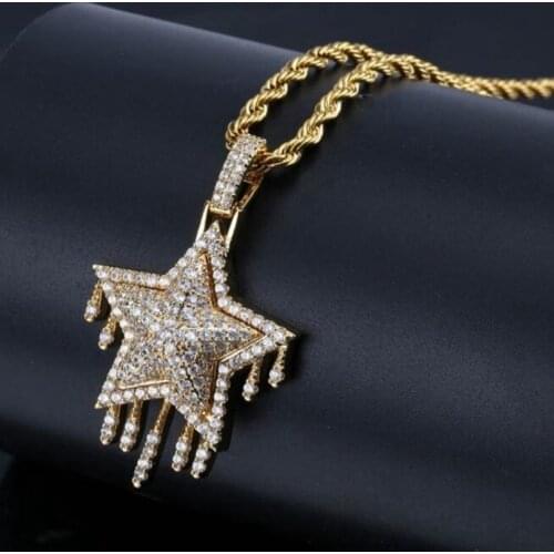 Men and Women Zircon Drop Star Necklace and Pendant Gold Silver Color Hip Hop Jewelry