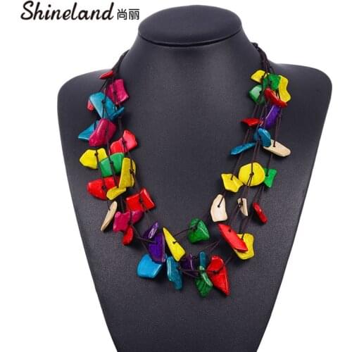 Shineland Bohemian Multilayer Beads Necklace Pendant Ethnic Wooden Handmade Multicolor Geometric Rope Chain Lady Fashion Jewelry