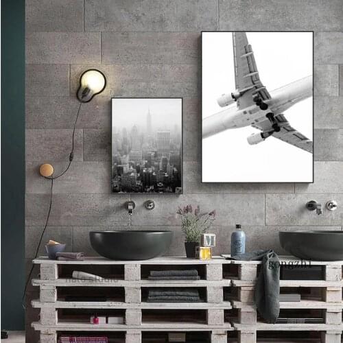 Manhattan City Landscape Posters Black and White Train and Plane Canvas Paintings and Prints Wall Art Pictures Living Room Decor