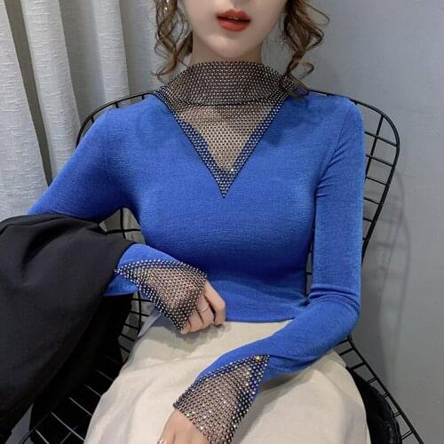 Spring/Autumn Fine Glitter Mesh Design Splicing T-shirt Translucent Hollow Trend Backing Shirt Casual Temperament Womens Top