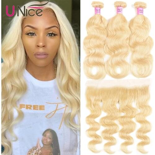 Unice Hair 613 Blonde Bundles With Frontal Brazilian Body Wave With Frontal Remy Human Hair Lace Frontal Closure With Bundle