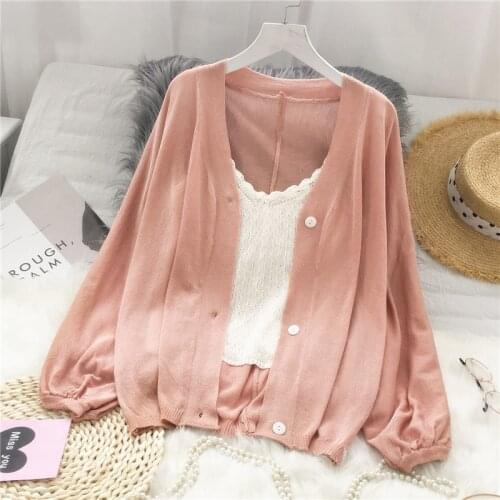 Lantern Sleeved Thin Knitted Women Sweaters And Cardigan 2020 Summer New V-Neck Female Outwear Coat Tops