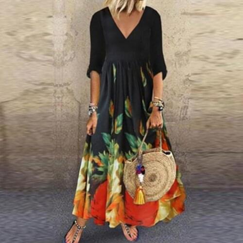 Women Sexy V Neck Loose A-Line Maxi Dress Vintage Pattern Printed Long Party Dress Spring Autumn Half Sleeve Office Lady Dresses