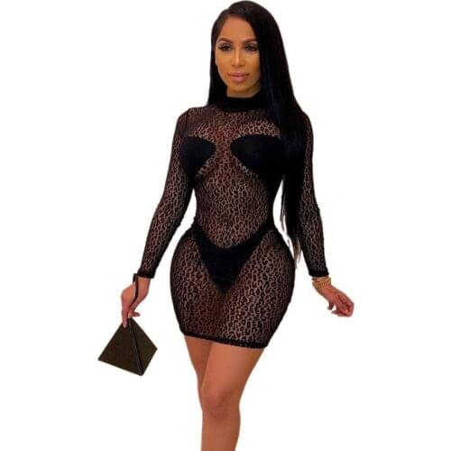 Sexy Leopard Printed Sheer Lace Dress Women See Through Long Sleeve Bodycon Mini Dress Night Club Party Dresses with Underwear